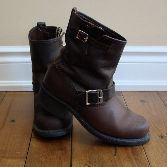 Frye Brown Leather Engineer Boot Booties Harness Moto Grunge Buckle Strap Size 8 - Picture 3 of 16
